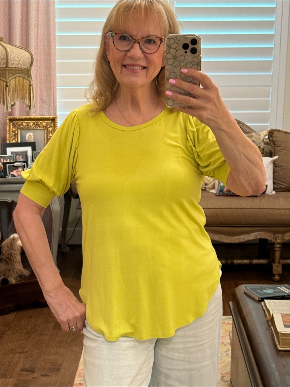 Karen Kane blouse in citron green… Or some would say grasshopper green